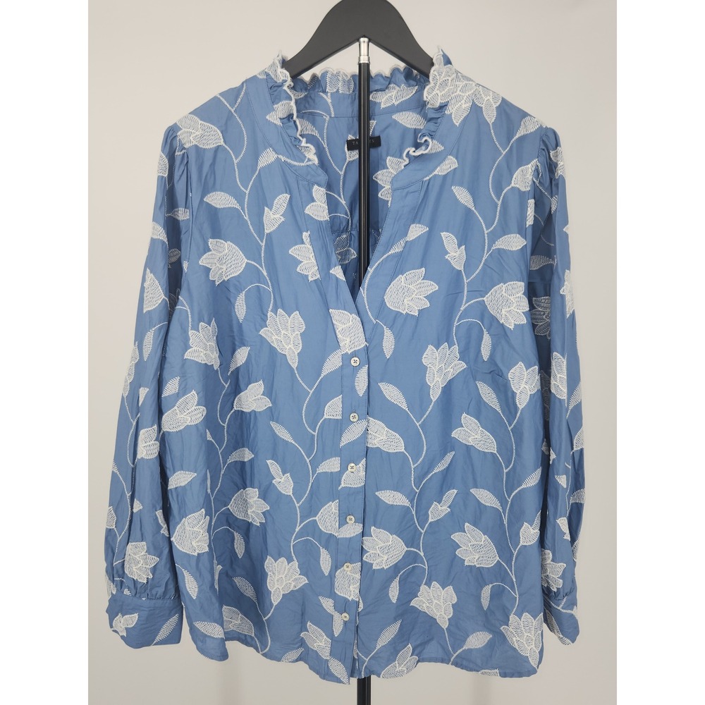 Talbots Plus Blue White Floral Embroidered Ruffle Neck Cotton Blouse Top